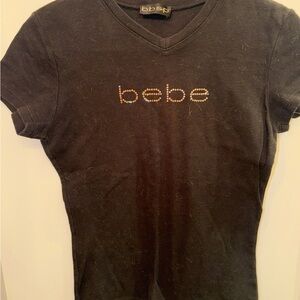 Bebe Charcoal V-Neck Tee with Rhinestone Logo